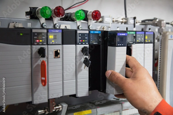 Obraz PLC programable logic controler,This picture show hard wiring communication socket connection during technician maintenance