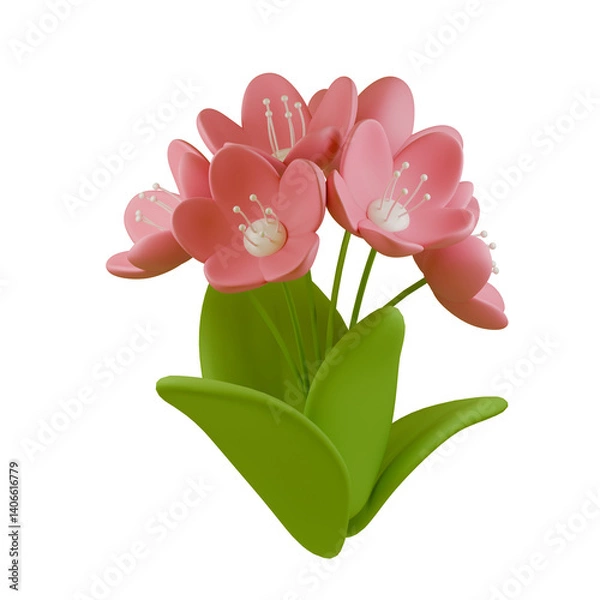 Fototapeta Minimal stylized simple cute beautiful bouquet pink flowers. Gift of flowers. 3d render isolated on white background