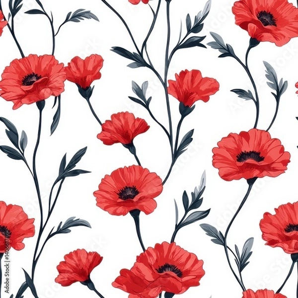 Fototapeta Seamless Red Poppies Floral Pattern on White Background