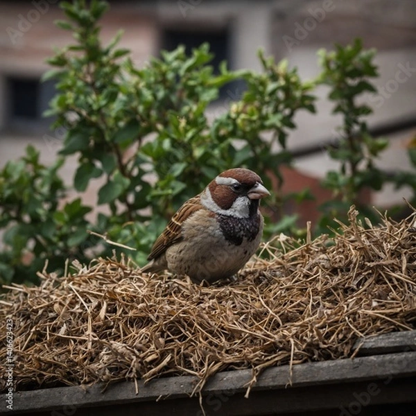 Fototapeta Write a short story from the perspective of a House Sparrow nesting under a rooftop.
