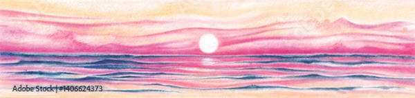 Obraz Pencil drawing Nature seascape. Bright colorful Sea waves with splashes of water against the backdrop of the sky at sunset or sunrise. Web site banner template on textured paper