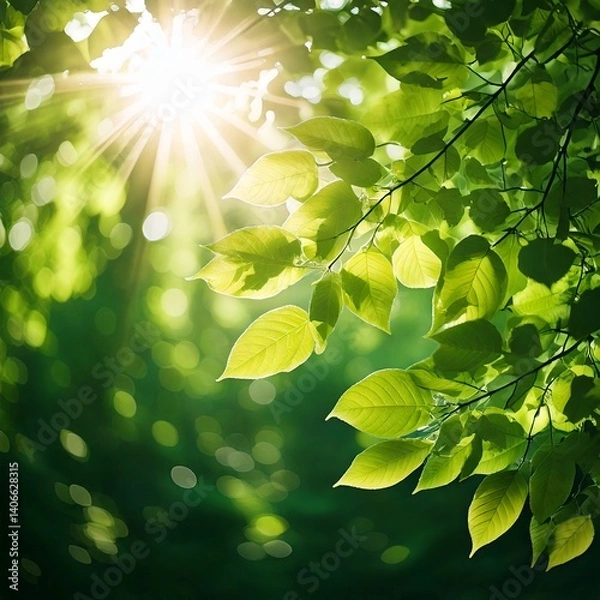 Obraz 木漏れ日のようにきらめく新緑と光のリアルイラスト