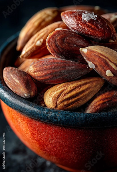 Fototapeta Raw Almond Nuts in Orange Bowl on Dark Background, Top View Food Photography with Natural Lighting and Soft Shadows, High-Resolution Image Captured Overhead for Healthy Eating and Organic Lifesty