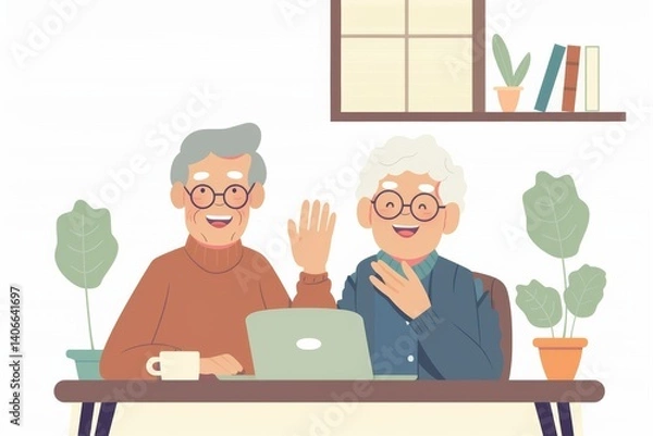 Fototapeta Two happy older people are sitting at a table with a laptop. One of them is waving at the camera