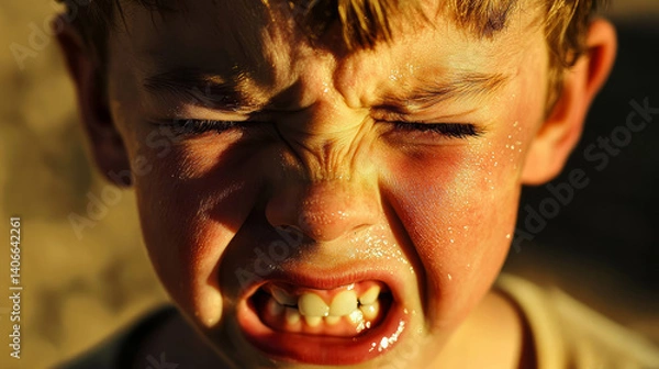 Fototapeta A close up of the face and mouth of a crying child