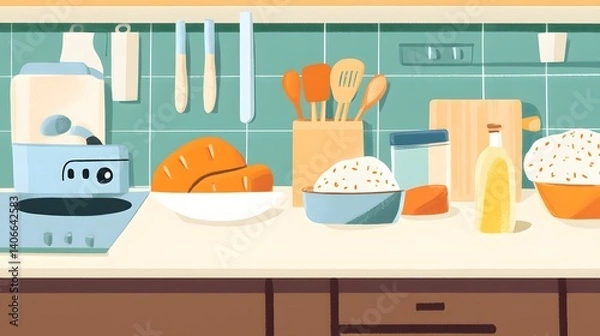 Fototapeta A flat lay of baking ingredients on a kitchen counter