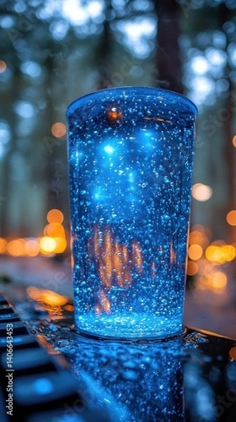 Obraz Illuminated glass with blue glowing spheres sits on a dark surface, bokeh lights background at night