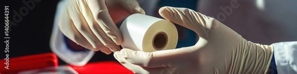 Fototapeta Gloved hands carefully hold a roll of pristine white thermal paper soft light illuminates the scene