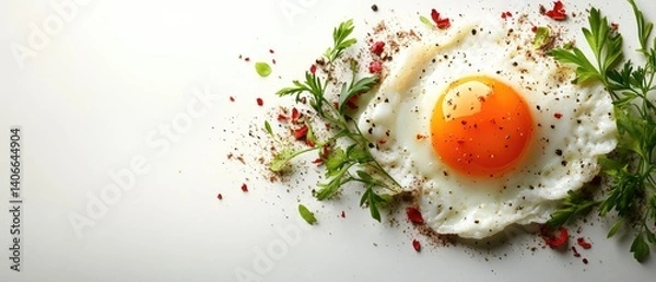 Obraz Sunny side up egg decorated with spices and greens on a white surface, ample space