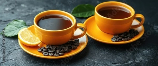 Obraz Two orange cups of tea with lemon, leaf, and scattered beans on a dark textured surface