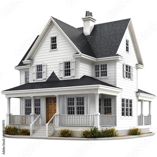 Fototapeta Elegant Residential Architecture: Capturing a classic, two-story home's timeless charm with its inviting front porch, symmetrical windows, and well-manicured details.