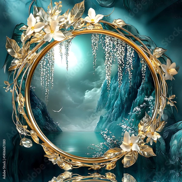 Fototapeta Illustration with circular mirror in the center, surrounded by wisteria and leaves, creating a floral frame, against a soft background