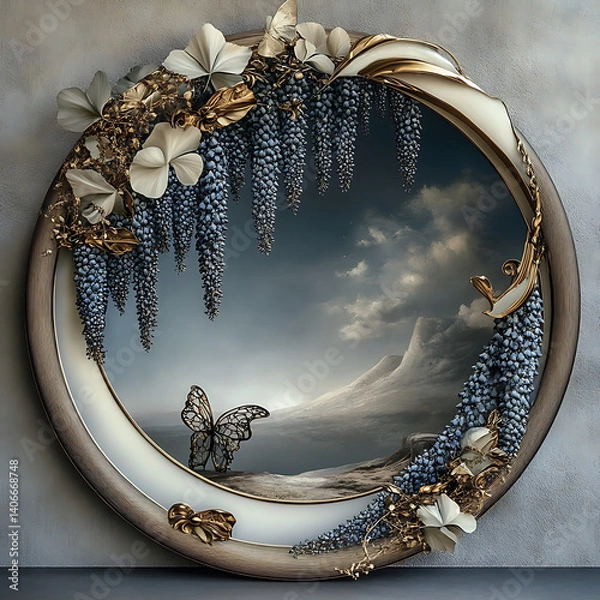 Fototapeta Illustration with circular mirror in the center, surrounded by wisteria and leaves, creating a floral frame, against a soft background