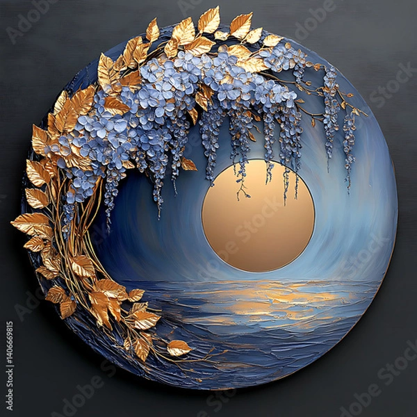 Fototapeta Illustration with circular mirror in the center, surrounded by wisteria and leaves, creating a floral frame, against a soft background