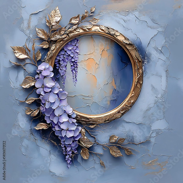 Fototapeta Illustration with circular mirror in the center, surrounded by wisteria and leaves, creating a floral frame, against a soft background