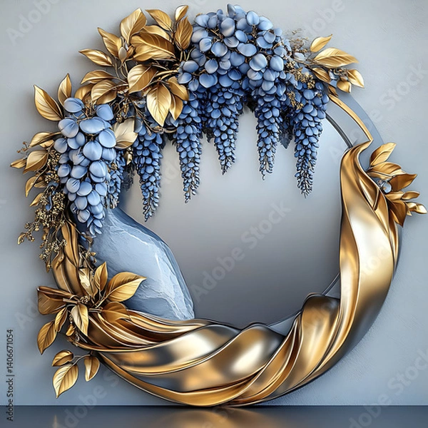 Fototapeta Illustration with circular mirror in the center, surrounded by wisteria and leaves, creating a floral frame, against a soft background