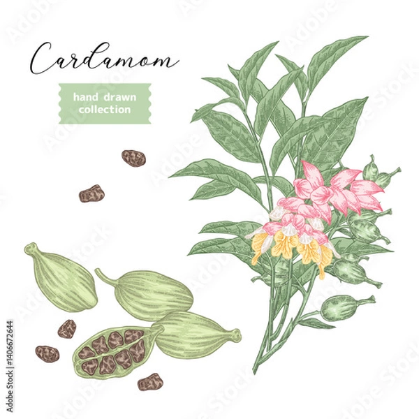 Obraz Cardamom plant set vector illustration. Hand drawn Cardamom branch with flowers and leaves. Colorful sketch style.