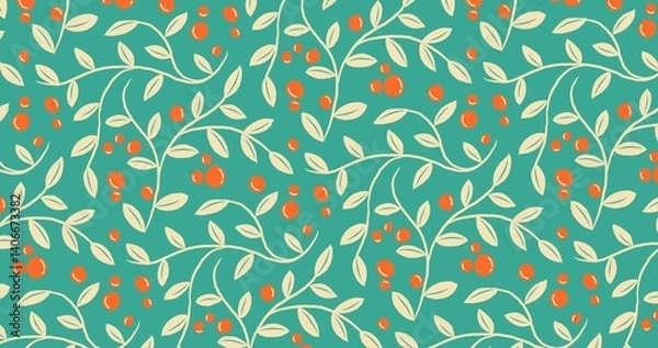Obraz Hand-drawn 4K background featuring flowing cream-colored vines with soft leaves, interspersed with vibrant red-orange berries on a rich teal background.