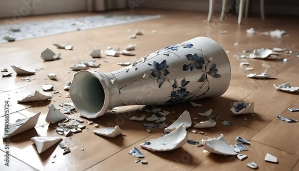 Fototapeta Broken floral vase lying on a wooden floor with scattered ceramic shards