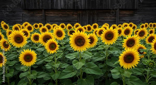 Fototapeta Sunflower field in full bloom on a sunny day.