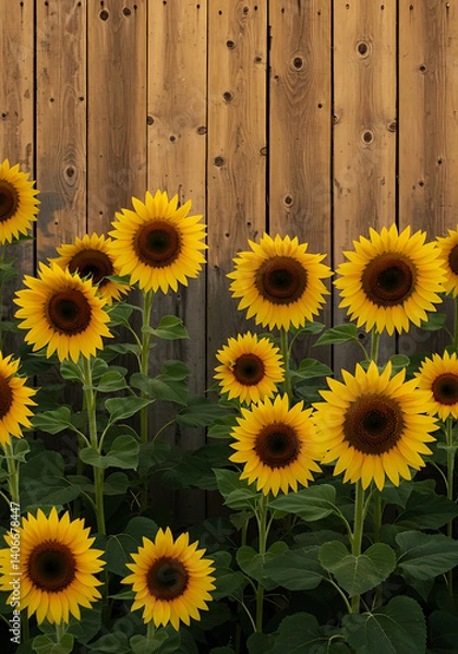 Fototapeta Close-up of sunflowers by a wooden fence.