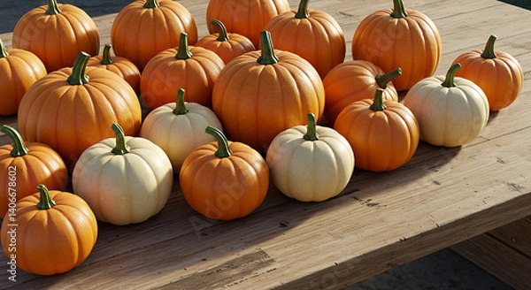Fototapeta Mini pumpkins arranged on wooden table for fall decor