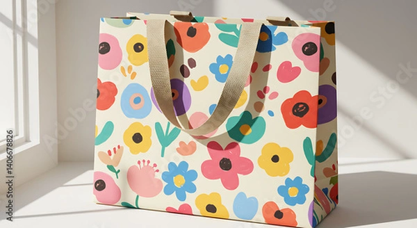 Fototapeta Colorful floral-pattern tote bag on white background.
