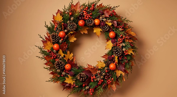 Fototapeta Autumn wreath with red berries and small pumpkins.