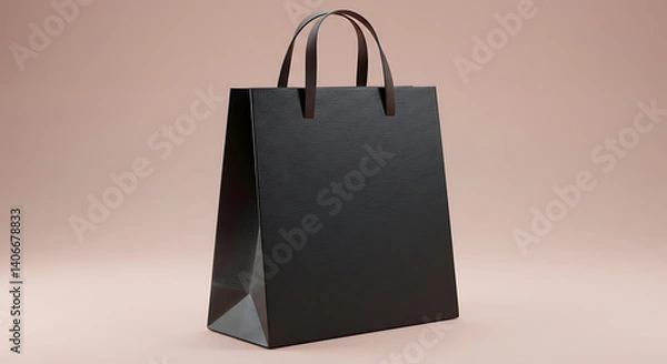 Fototapeta Matte black paper shopping bag on neutral background.
