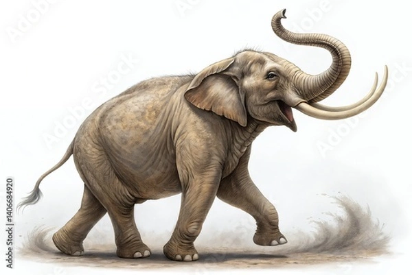 Obraz A majestic Asian elephant in full stride, its trunk raised high, showcasing its raw power and grace against a muted, dust-filled background.