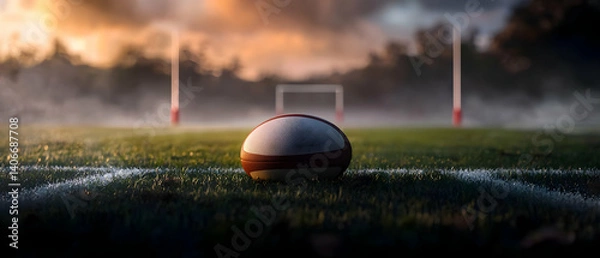 Fototapeta Rugby Ball on Foggy Field at Sunset
