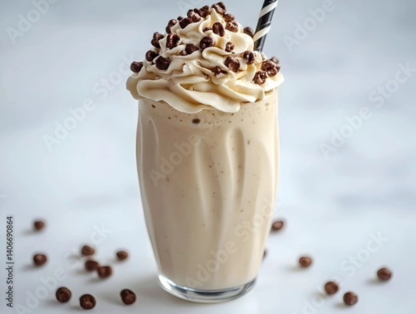 Fototapeta A creamy vanilla milkshake topped with whipped cream and chocolate cereal balls sits in a clear glass with a striped straw.