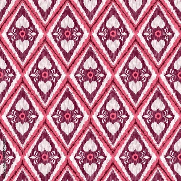 Fototapeta A seamless diamond-shaped ikat pattern featuring stylized hearts and intricate geometric details. The rich pink, red, and white color scheme, Perfect for Valentine’s Day-themed designs.