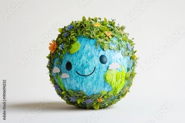 Fototapeta A smiling Earth adorned with lush greenery and vibrant flowers, symbolizing environmental care and sustainability.