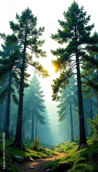 Obraz A serene forest landscape with tall trees isolated on a white background, scenery, calm, isolation