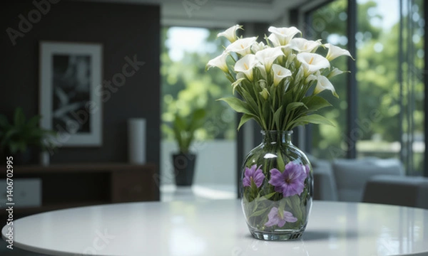 Fototapeta Modern Elegance (White Lilies Calla Lilies Greenery) contemporary, tall vase with water tinted in a soft champagne hue,