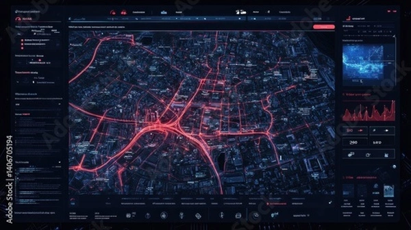 Fototapeta A vibrant digital map showcases intricate traffic flows and urban infrastructure within a city at night. Red lines indicate routes and congestion points analyzed through advanced technology