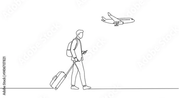 Fototapeta Traveler walking with suitcase under flying airplane mockup -