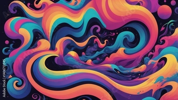Fototapeta Colorful abstract swirls in space, vibrant fluid motion with neon orange, cyan, pink, and deep purple tones.