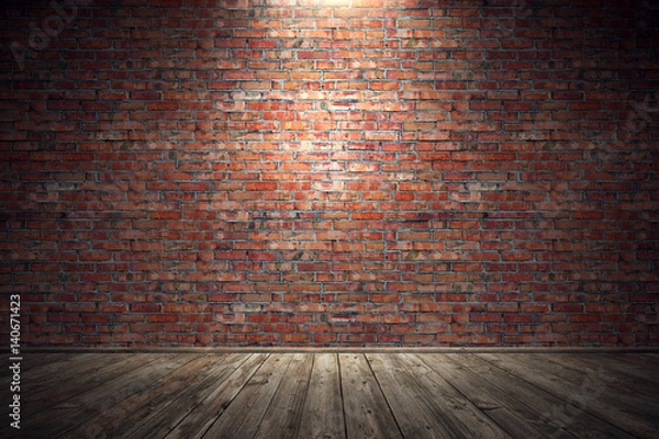 Obraz Empty old grungy room with red brick wall and wooden floor. 3d rendering
