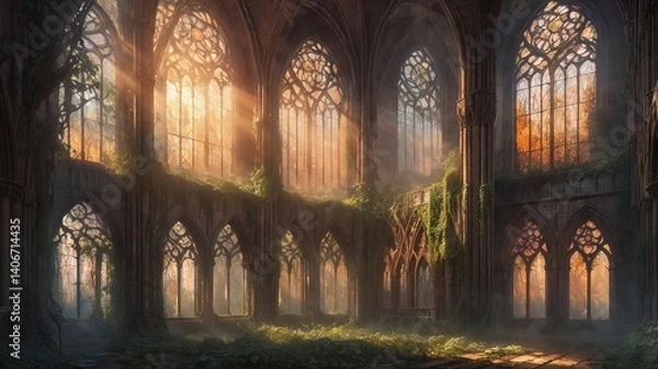 Fototapeta "Golden sunlight floods an overgrown gothic cathedral, where nature reclaims stone beneath glowing stained glass."