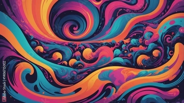 Obraz Vibrant abstract waves and swirling shapes in a psychedelic style. Bright neon colors including orange, magenta, turquoise, and deep blue flow together in a dynamic compositions.