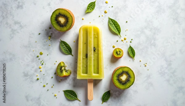Fototapeta Refreshing Kiwi Popsicle with Tropical Fruits and Leaves