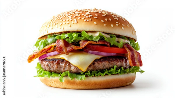 Fototapeta Delicious burger with lettuce, tomato, cheese, bacon, and a sesame seed bun, served on a clean white background. AI Generated Images