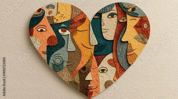 Fototapeta Abstract heart shape featuring intertwined faces in vibrant colors. Diversity in Healthcare, Mental Health, Inclusive Care Abstract heart made of diverse faces, concept of inclusive emotional care 