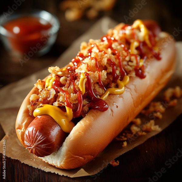 Obraz photo of a juicy hot dog with fried sausage, ketchup, mustard and fried onions
