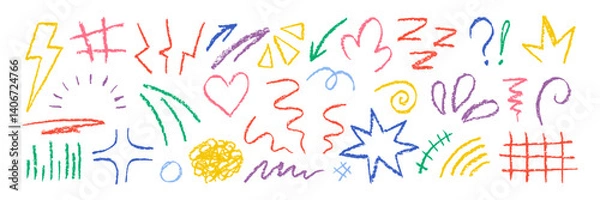 Obraz Set of movement elements with crayon, pastel or chalk texture. Expressive, emotion and decoration lines with sun, heart, grid and spot in sketch style. Color vector illustration on a white background.