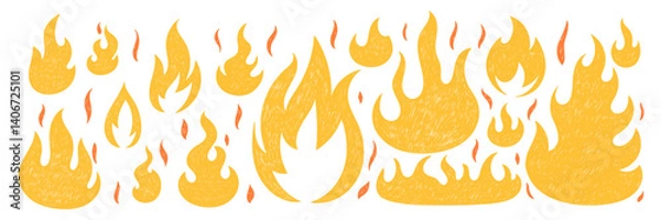 Obraz Set of hand drawn fire flames with crayon, pastel, chalk or pencil texture. Grunge elements in sketch style. Yellow vector illustration on a white background.