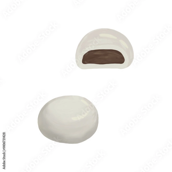 Obraz つるつるもちもちで美味しそうな餅のイラスト、餡子入りの餅の断面、柏餅の葉っぱを取り除いたもの