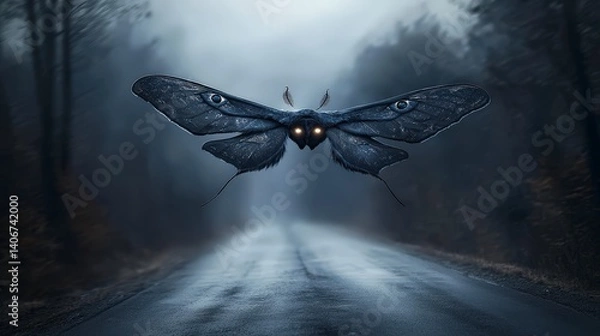 Fototapeta Mysterious black moth flying over rainy forest road enigmatic nature scene dark atmosphere dreamlike view